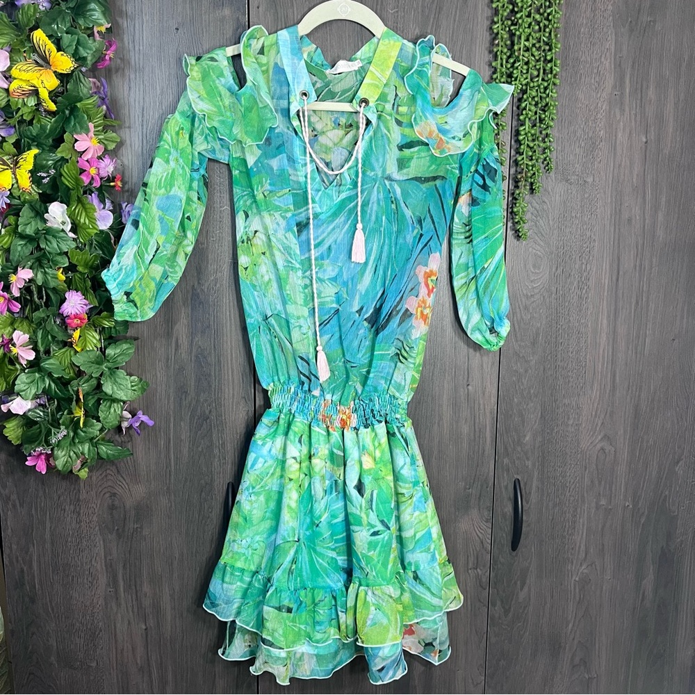 ¥ Cocomore Vibrant Printred Cutouot Shoulder Drop Waist Dress Size Small